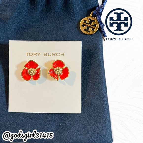New Tory Burch Fleur Logo Flower Studs Post Earrings Red/Gold - Picture 2 of 7